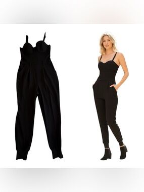 GUESS Black Bustier Jumpsuit M Corset Top Tapered Jogger Pants Side Zip Pockets